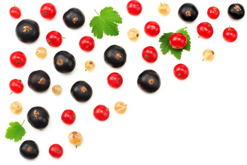 mix of red currant and black currant with green leaf isolated on a white background. healthy food. top view