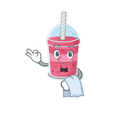 A cartoon character of strawberry bubble tea waiter working in the restaurant