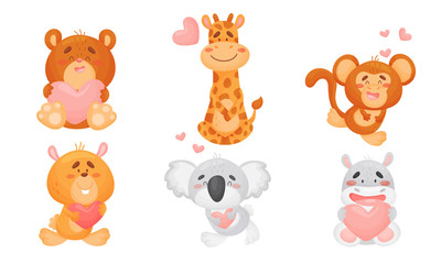 Cute Happy Animals Holding Hearts and Smiling Vector Set