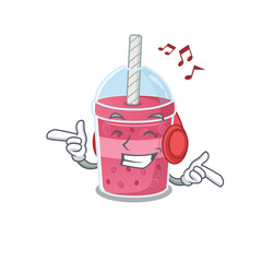 Strawberry bubble tea Cartoon design concept listening music