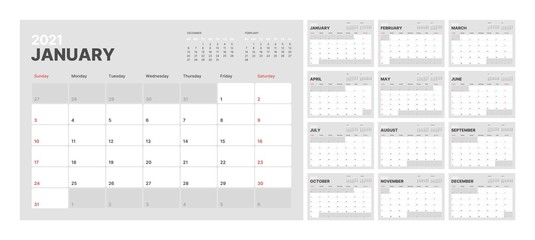 Wall calendar template for 2021 year. Planner diary in a minimalist style. Week Starts on Sunday. Monthly calendar ready for print.