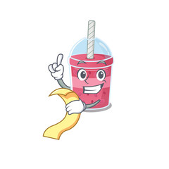Strawberry bubble tea mascot character design with a menu on his hand