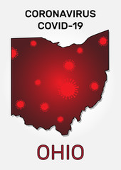 Map of Ohio state and coronavirus infection. Concept of disease outbreak with microbe cell symbols. Vector illustration