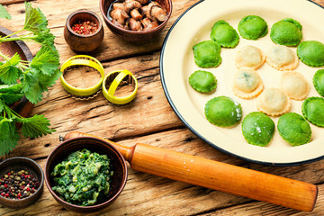 Raw ravioli with greens