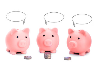 Tree pink piggy banks with blank text clouds dreaming about something with coins / money in front of them isolated against white background  