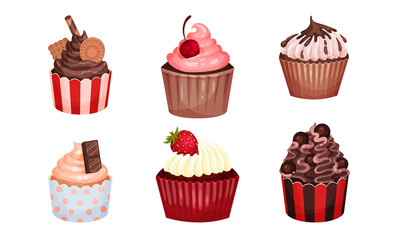 Appetizing Cupcakes with Whipped Cream and Berry on the Top Vector Set