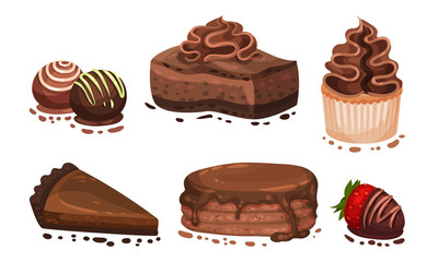 Chocolate Desserts with Layered Cake and Sweets Vector Set