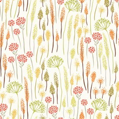 Colorful wild flowers field, seamless texture pattern with hand drawn silhouette plants, vector meadow illustration in vintage style.