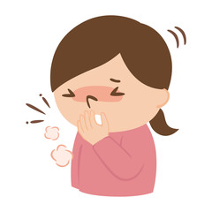 手で口を覆って咳をしている若い女性のイラスト。
