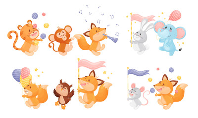 Fototapeta premium Animals Playing Flute, Carrying Flags and Juggling the Balls Vector Set