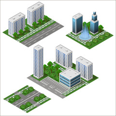 Modern City isometric set. Big office and shop building. Isolated modules, apartment houses, street and square with fountain. Isolated modules to create urban cityscape. Vector illustration