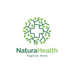 Creative cross symbol with branch and leafs logo design vector template.Nature health illustration 	