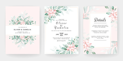 Wedding invitation card template set with soft peach watercolor floral decorations. Flowers arrangements for save the date, greeting, details, cover. Botanic illustration vector