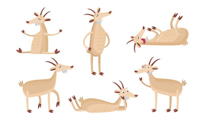 Set of isolated hand drawn cute funny goat animals enjoying life