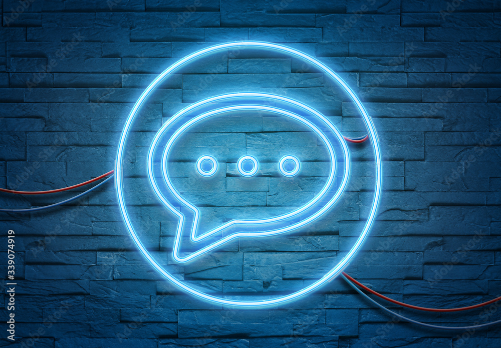 Poster speech bubble neon icon illuminating a brick wall with blue and pink glowing light 3d rendering