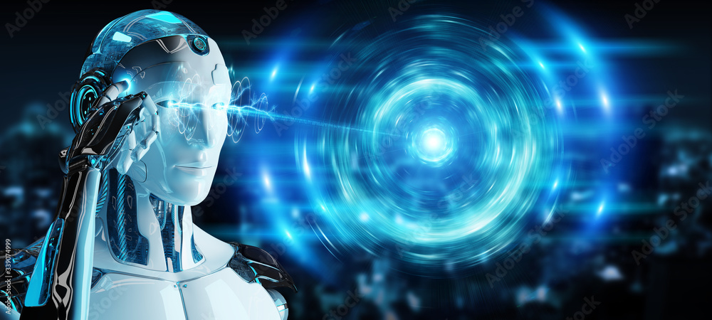 Poster white humanoid robot creating new futuristic energy power source 3d rendering