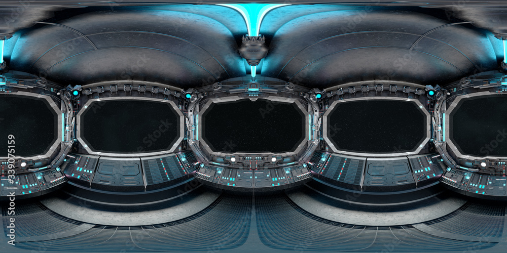 Aufkleber High resolution HDRI panoramic view of dark spaceship interior. 360 panorama reflection mapping of a futuristic spacecraft room 3D rendering