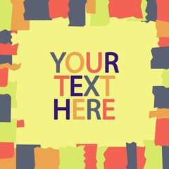 Abstract 1x1 square frame with copy space. Shapes with jagged curved edges and paint drops. Green, red, orange and gray colors. Editable frame for banners, magazine articles, cards, posts, sites.