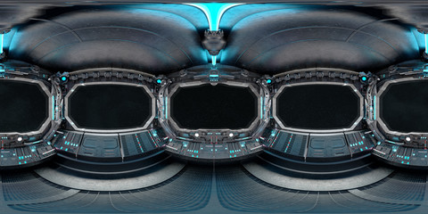 High resolution HDRI panoramic view of dark spaceship interior. 360 panorama reflection mapping of a futuristic spacecraft room 3D rendering