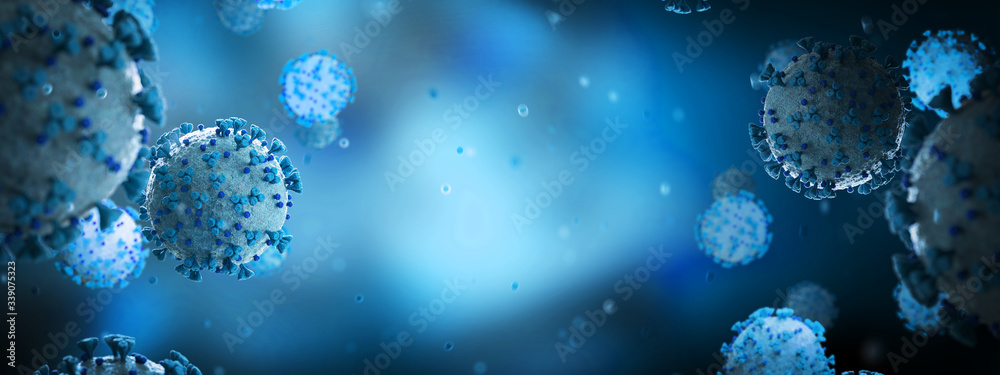 Poster microscopic close-up of the covid-19 disease. coronavirus illness spreading in body cell. 2019-ncov 