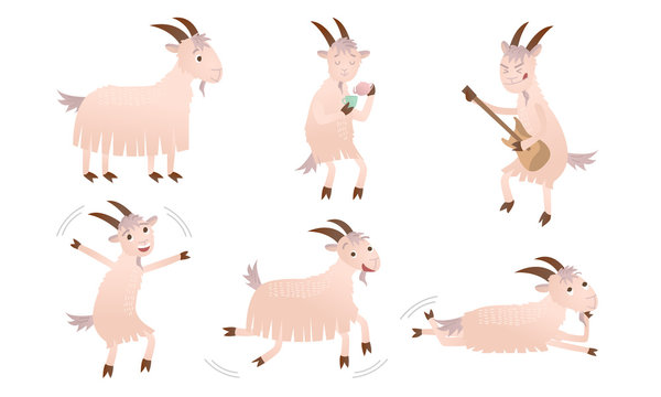 Set of isolated hand drawn cute funny happy goats enjoying casual things