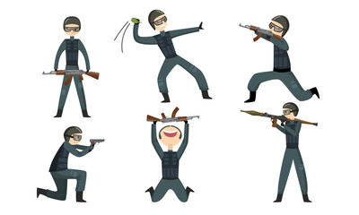 Law enforcement officers in traditional military protective uniform with gun and weapon