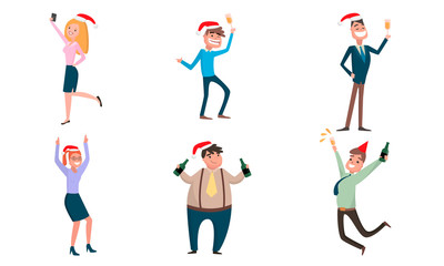 Smiling office workers in traditional hats celebrating Christmas or New Year