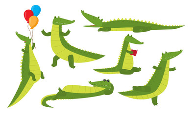 Set of isolated cute funny crocodile animals enjoying life and feeling happy