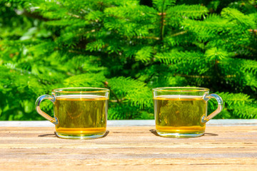 two cups of green tea on a table close-up outdoors on a Sunny summer day, on a natural green background