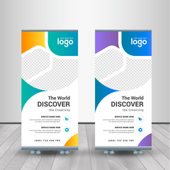 Creative Banner roll-up design, business concept. Graphic template roll-up for exhibitions, banner for seminar, layout for placement of photos. Universal stand for conference.