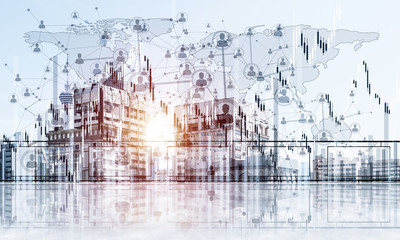 Concept of global communication and networking with world map over cityscape