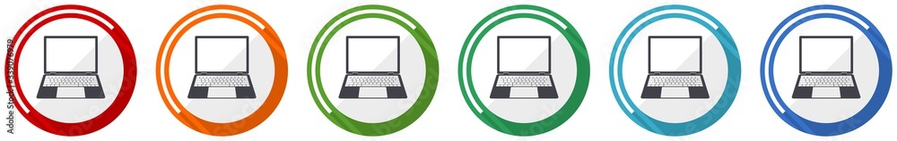 Poster Open notebook icon set, laptop, mobile computer flat design vector illustration in 6 colors options for webdesign and mobile applications