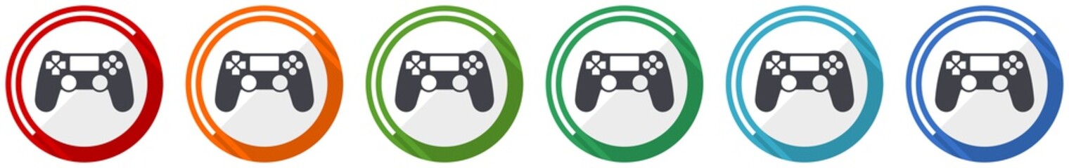 Wireless gaming controller icon set, gamepad flat design vector illustration in 6 colors options for webdesign and mobile applications