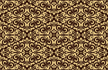 Wallpaper in the style of Baroque. Seamless vector background. Gold and black floral ornament. Graphic pattern for fabric, wallpaper, packaging. Ornate Damask flower ornament