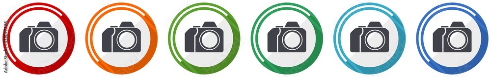 Poster photo camera icon set, photography flat design vector illustration in 6 colors options for webdesign