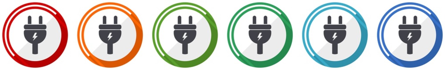 Obraz premium Eletricity icon set, energy, power, plug flat design vector illustration in 6 colors options for webdesign and mobile applications