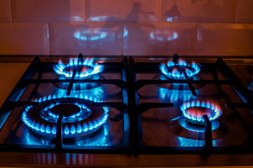 The gas burns in the burner of a kitchen stove
