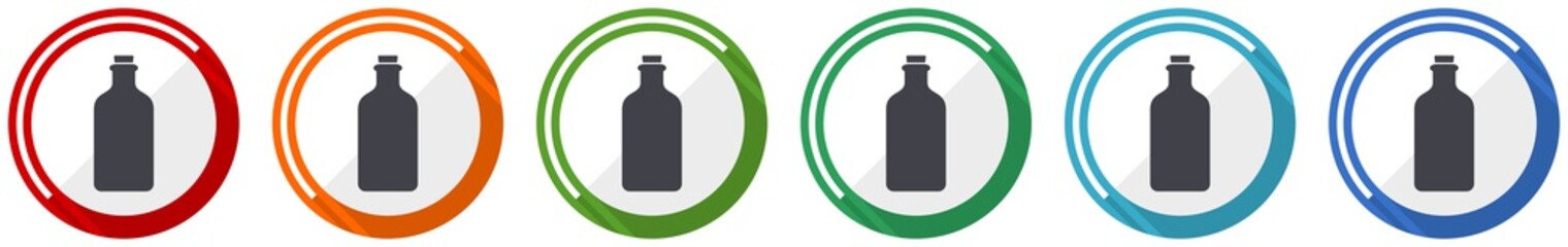Bottle, drink icon set, flat design vector illustration in 6 colors options for webdesign and mobile applications