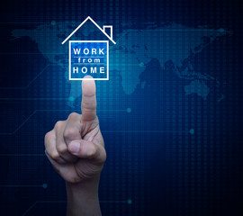 Hand pressing work from home flat icon over digital world map technology style, Business social distancing concept, Elements of this image furnished by NASA