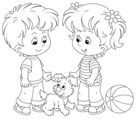 Smiling little children talking and walking together with a cheerful grey puppy, black and white outlined vector cartoon illustration for a coloring book page