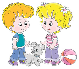 Smiling little children talking and walking together with a cheerful grey puppy, vector cartoon illustration on a white background