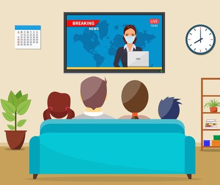 Family With Cat Watching TV Daily News Program Sitting On The Couch At Home In The Living Room. Beautiful Young Tv Newscaster Woman With Medical Mask. Vector Illustration In Flat Style