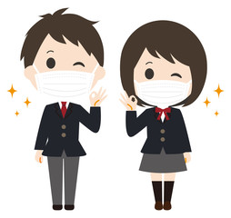 男子　学生　女子　マスク　予防