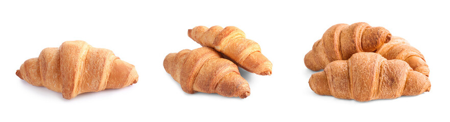 Set of tasty fresh croissants on white background. Banner design