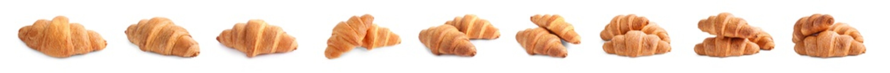 Set of tasty fresh croissants on white background. Banner design