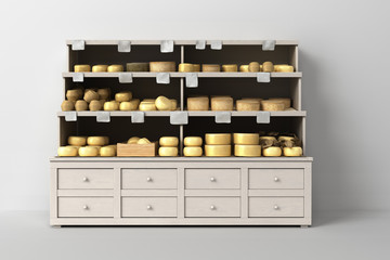 cheese on shelves in a supermarket 3d render illustration