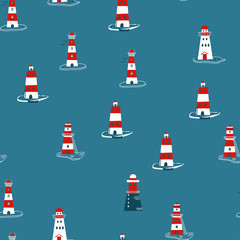 Hand drawn lighthouses on deep blue background
