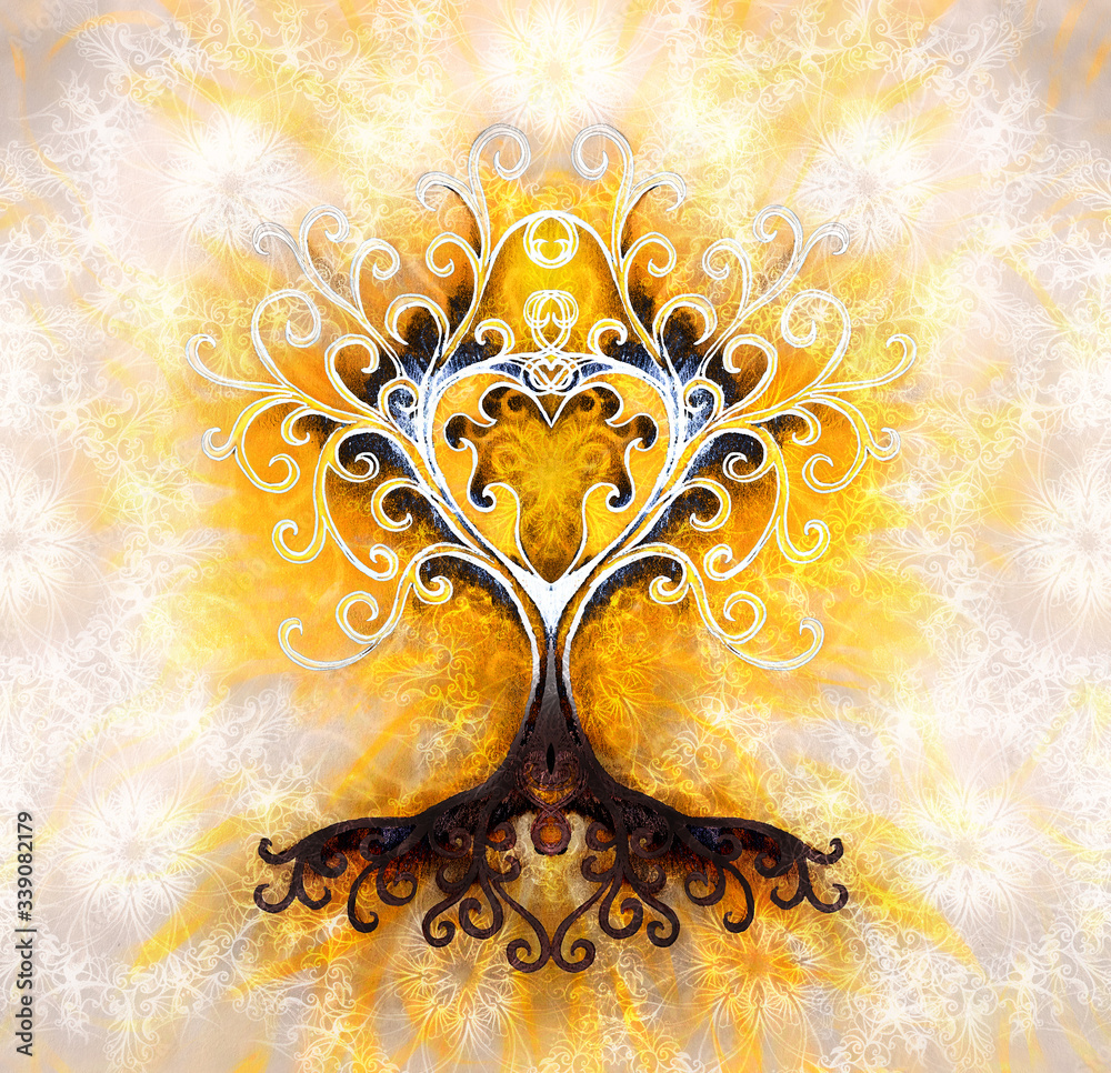 Poster tree of life symbol on structured ornamental background, yggdrasil.