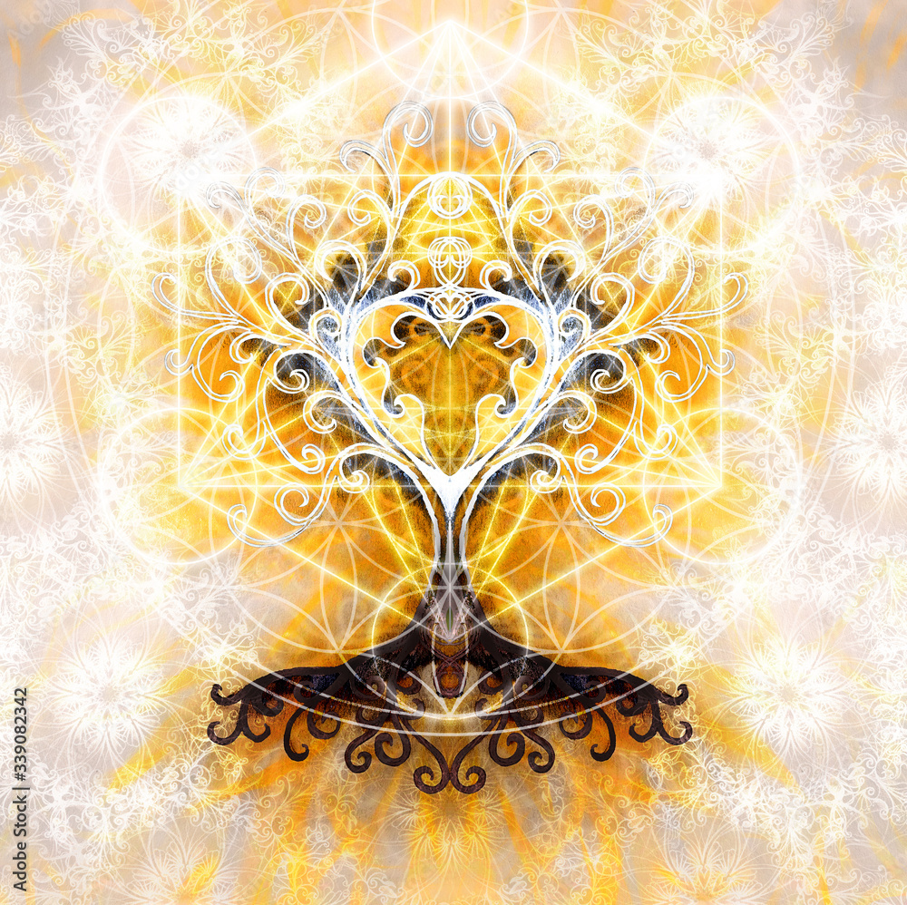 Poster tree of life symbol on structured ornamental background with heart shape, flower of life and merkaba pattern, yggdrasil.