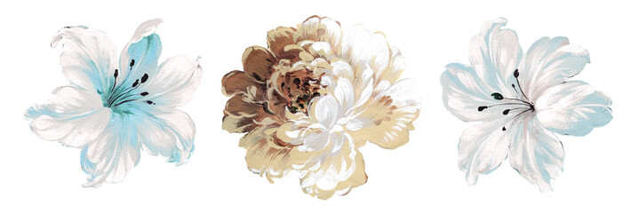 Flowers watercolor illustration.Manual composition.Big Set watercolor elements.